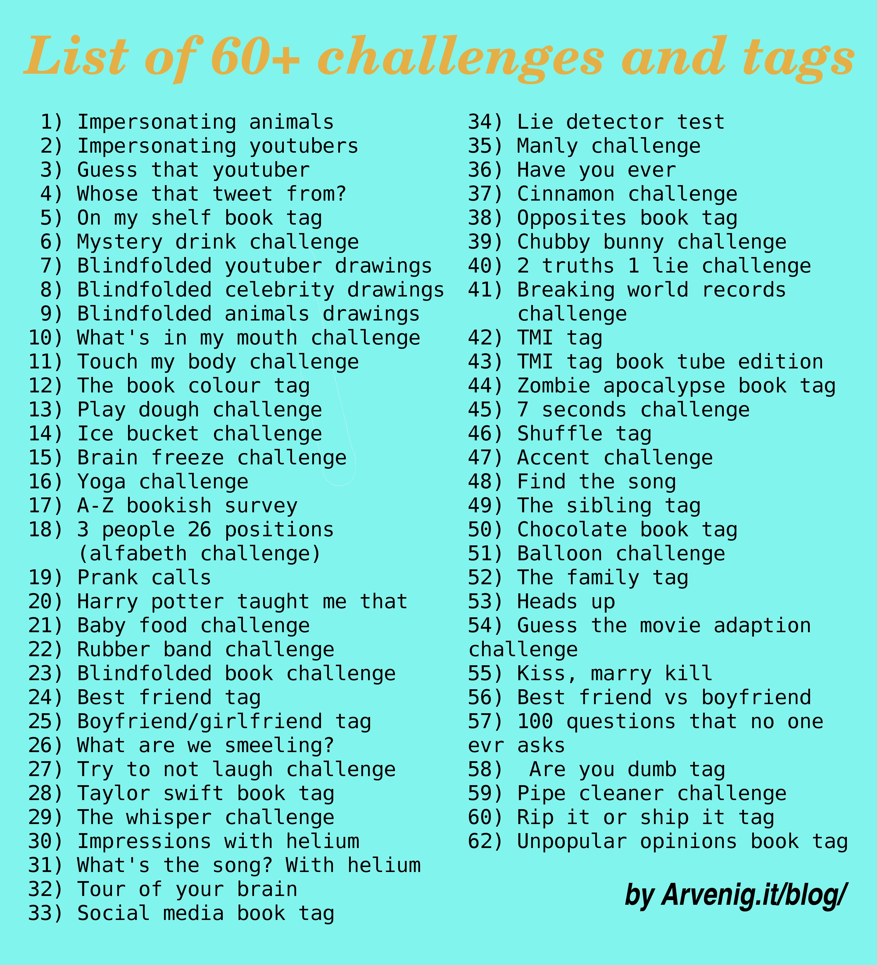 List of 60 challenges and tags to do Arvenig it